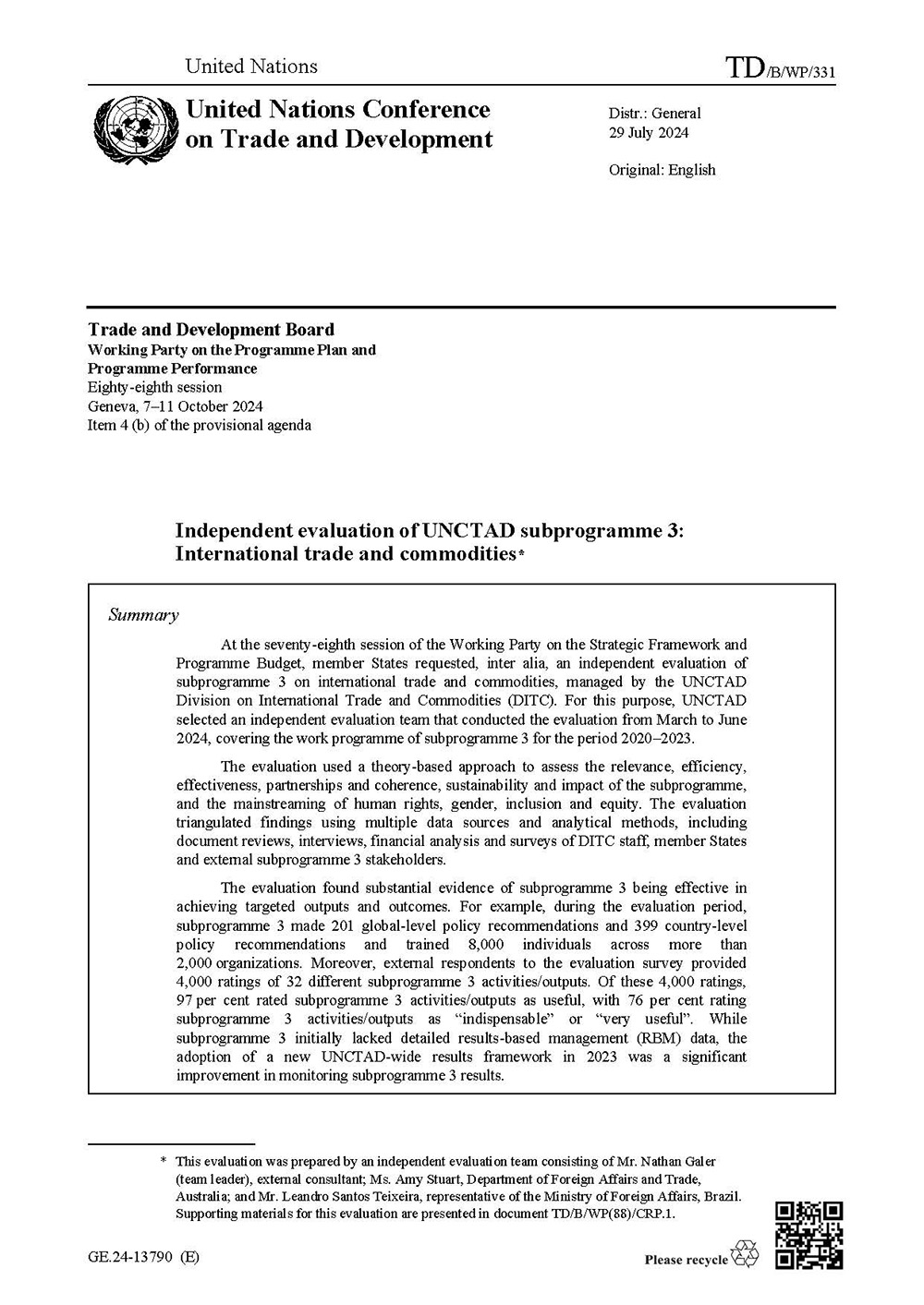 Cover of Independent evaluation of UNCTAD subprogramme 3: International trade and commodities